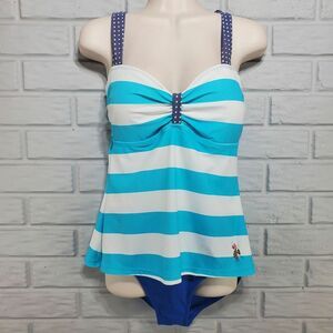 U.S. POLO ASSN Swimsuit Women's Large Blue White Striped Nautical Summer‎ Beach